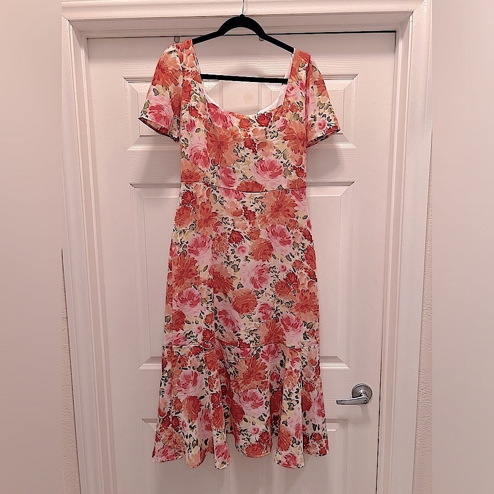 dee elle Women’s Short Sleeve Mid Length A Line Red Pink Floral Dress Size Large